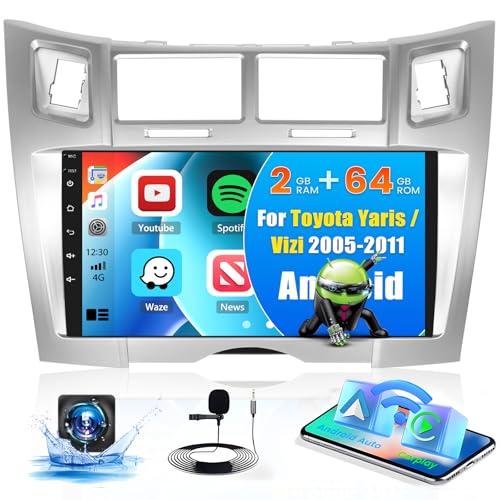 Hikity Car Radio for Toyota Yaris/Vizi 2005-2011, 2 + 64 GB, Android 15, with Wireless Carplay Android Car, 9 Inch Car Radio with GPS, WLAN, Bluetooth, Mirror Link, FM/RDS,MIC,Rear Camera