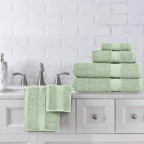 Sweet Needle Towel Set - 2 Bath Towels 2 Hand Towels & 2 Wipes Daily Use 500gsm Ring Spun Highly Absorbent Bathroom Sage Green (Pack of 6)