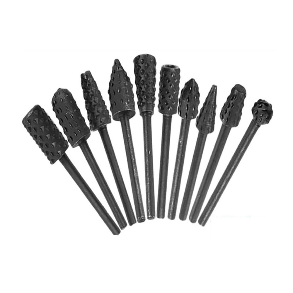 10 Pieces Tungsten Carbide Rotary Burr Set, 1/8'' 3MM Shank Wood Drill Bits Solid Carbide Rotary Burr File Set for Die Grinder Drill, Metal Polishing, Engraving