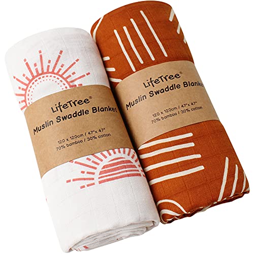 LifeTree 2 Pack Baby Swaddle Blankets Soft Bamboo Cotton Muslin