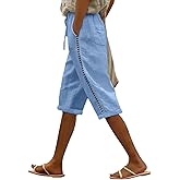 Puimentiua Women Linen Shorts Casual Knee Length Bermuda Shorts with Hollow Side Summer Beach Lightweight Capri Pants