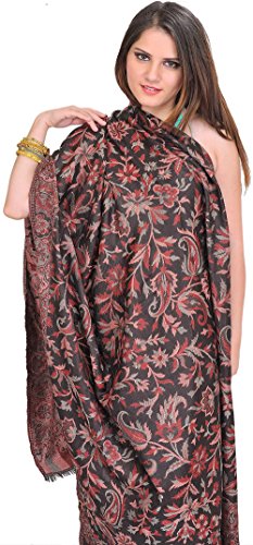 Exotic India Reversible Jamawar Shawl from Amritsar wit - Color Caviar Black