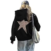 Pooyikoi Womens Oversized Leopard Star Graphic Hoodies Long Sleeve Hoodie Pullover Hooded Sweatshirt Aesthetic Hoodie