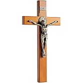 KUXBET Crucifix Wall Cross Wooden Jesus Christ Catholic Hanging Wall Cross for Home Decor 10 Inch - Golden Oak