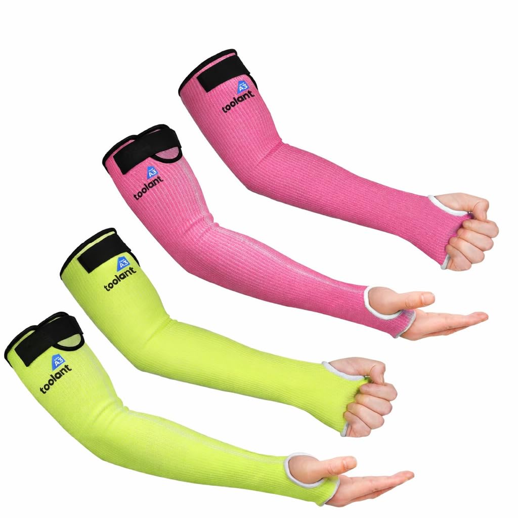 OriStout Cut Resistant Gardening Sleeves with Tumb Hole, Protective Arm Sleeves for Yard Work, Kitchen, Arm Guards for Biting, Pet Grooming, Gardening Gifts for Women, Pink & Green, 2 Pairs Image