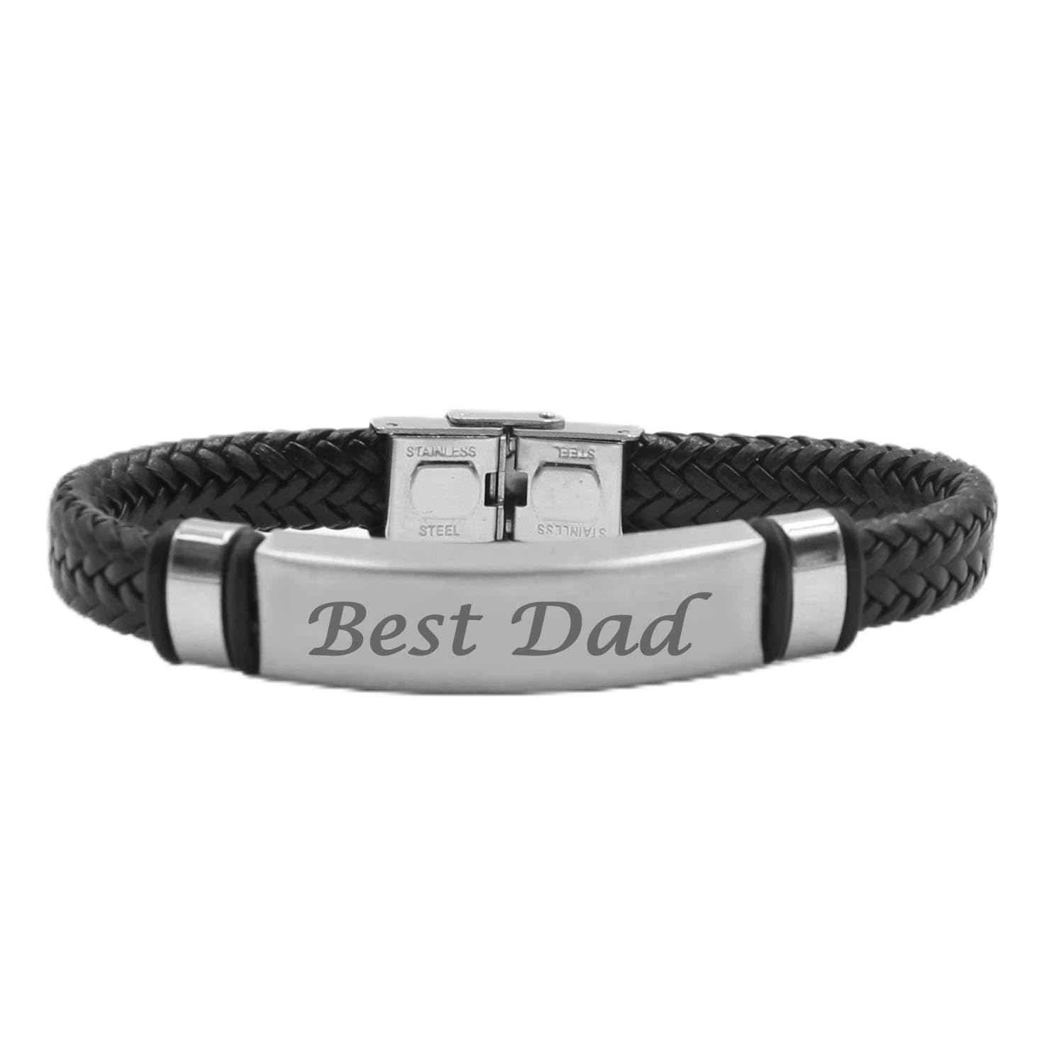 Kigu Best Dad Personalised Black Premium Leather Bracelet, Free Bag