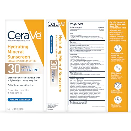 CERAVE HYDRATING MINERAL SUNSCREEN SPF 30 WITH SHEER TINT, TINTED MINERAL SUNSCREEN WITH ZINC OXIDE & TITANIUM DIOXIDE, BLENDS SEAMLESSLY FOR HEALTHY GLOW, MEDIUM, 1.7 FLUID OUNCE