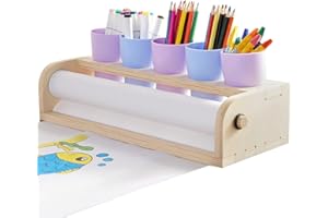 A.B Crew Kids Tabletop Paper Roll Dispenser with Paper Rolls (15" x 16.4ft) and 5 Pencil Holder Cups Wooden Table Paper Roll Holder Portable Art Painting Easel for Kids to Doodle Draw Play
