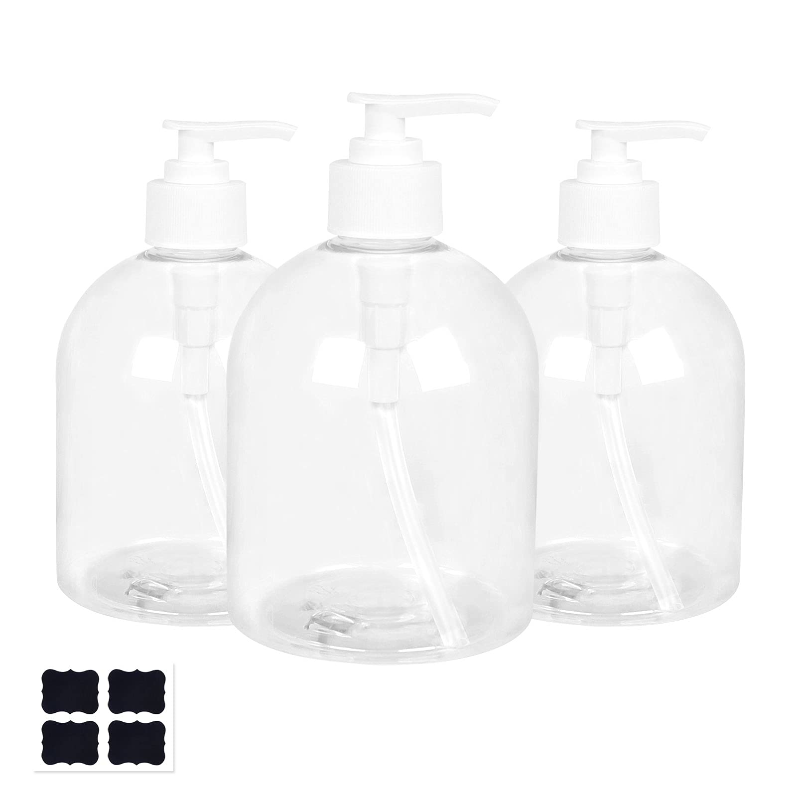 Yishik 16oz Clear Empty Plastic Shampoo Pump Bottles,3 Pack 500ml Refillable Cylinder Bottle for Shampoo,Lotions,Conditioner & Wash Shower Dispenser(4 Labels as gift)