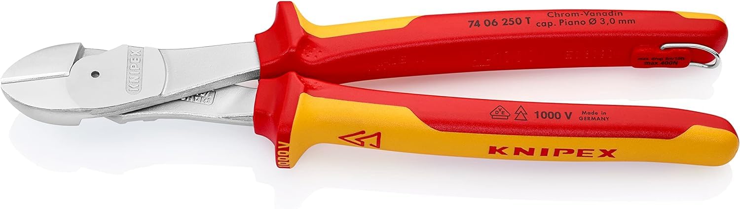 KNIPEX High Leverage Diagonal Cutter in Blister Chrome-Plated Insulated with Multi-Component Grips, VDE-Tested with Integrated, 74 06 250 T BK