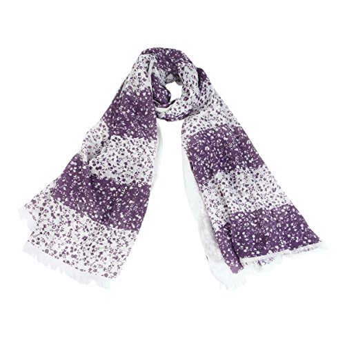 Elegant Striped Vine Leaves Floral Design Frayed End Scarf Wrap, Off White