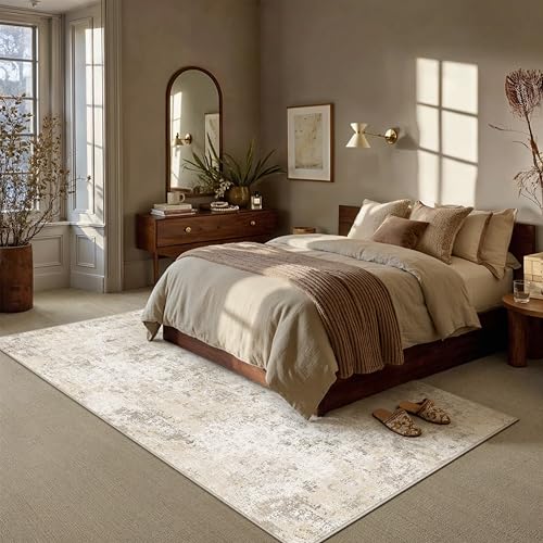 PureCozy Rugs Living Room Rug 200x300cm Beige Washable Non Slip Abstract Natural Neutral Modern Large Carpet Bedroom Lounge Bedside Kitchen Hall Low Pile Carpets