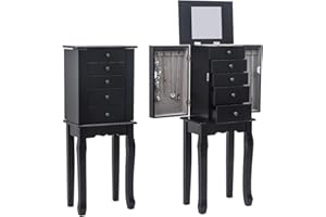 Kcelarec Jewelry Cabinet Armoire Storage Chest with Flip Top Mirror,4 Drawers,Makeup Display Jewelry Box Stand Up Accent Furniture Bedroom Armoires (Black)