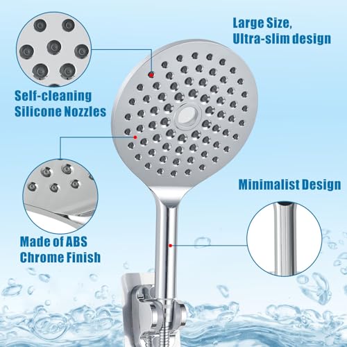 Large Hand Shower, Voolan High Pressure Hand Showers, Chrome Rain Shower 7.5" with a Jet Wide Enough to Cover the Entire Body, Round