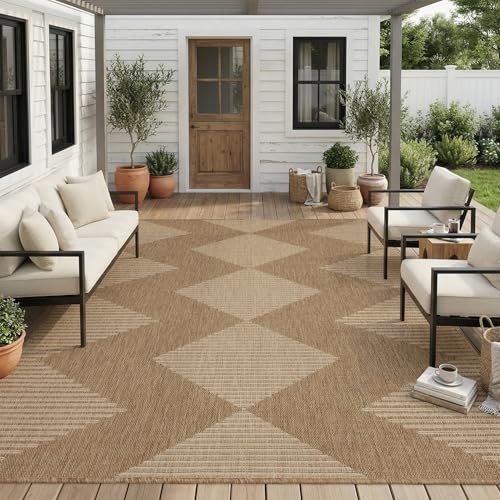 Outdoor Rug-Patio Rug 8x10 Outdoor Carpet Polypropylene Indoor Outdoor Rug for Patio Porch Deck Balcony Textured Weave Durable Mat Boho Stripes Pattern Beige & Brown