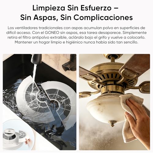 GONEO Ventilador de Techo sin Aspas con Luz LED, Silencioso,24,5 cm Ultrafino, Empotrado,Regulable 3000–6500K, 60W,6 Velocidades, Mando Temporizador, Dormitorio Niños Oficina | Techo Bajo Piso Pequeño
