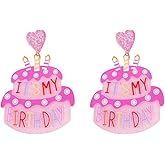 Cute Heart Birthday Cake Dangle Drop Earrings for Women Pink Glitter Acrylic It's My Birthday Letter Colorful Lightweight Statement Dangling Hanging Sweet Celebration Holiday Party Y2k Jewelry