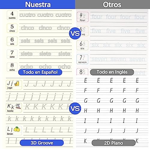 Larcenciel Reusable Spanish Calligraphy Notebooks, 4 Books + 1 Pen + 5 Refills, Magic Book for Learning to Write Reading from Children 3 4 5 Years (13 × 19cm)