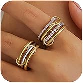 FUSAHURIY 2PCS Gold Stackable Rings Set for Women, 14K Gold Plated Interlocking Linked Rings with Cubic Zirconia, Gold Silver Mixed Metal Stackable Ring, Statement Jewelry Gifts