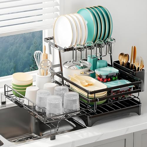 GALASALA Escurridor de Trastes, Extensible 2 Niveles Escurridor de trastes Acero Inoxidable, escurridor de Platos con Bandeja de Goteo sobre Fregadero para Encimera de Cocina