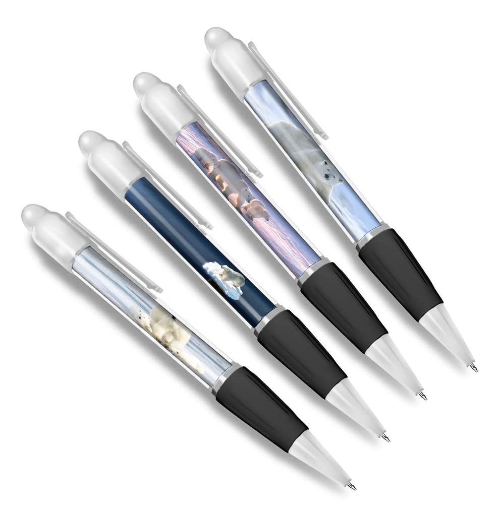 DV DESIGN Set of 4 Polar Bear White Ballpoint Pens - Winter Animal Nature Wildlife Wild Travel Portrait Boys Girls Men Women Theme Pen #79469