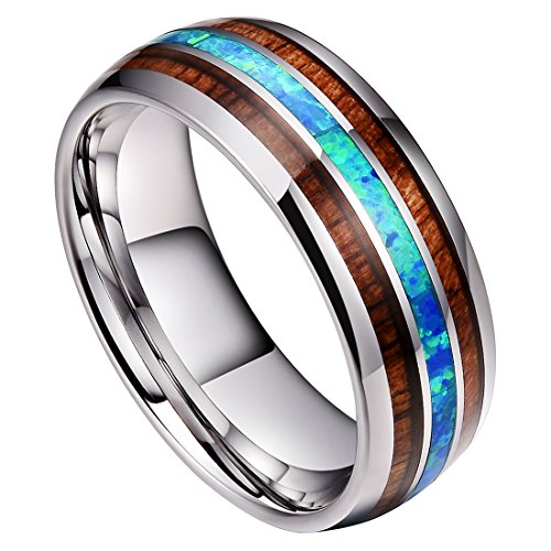 Buy 8mm Mens Tungsten Carbide Ring Real Blue Opal Rare Koa Wood Inlay
