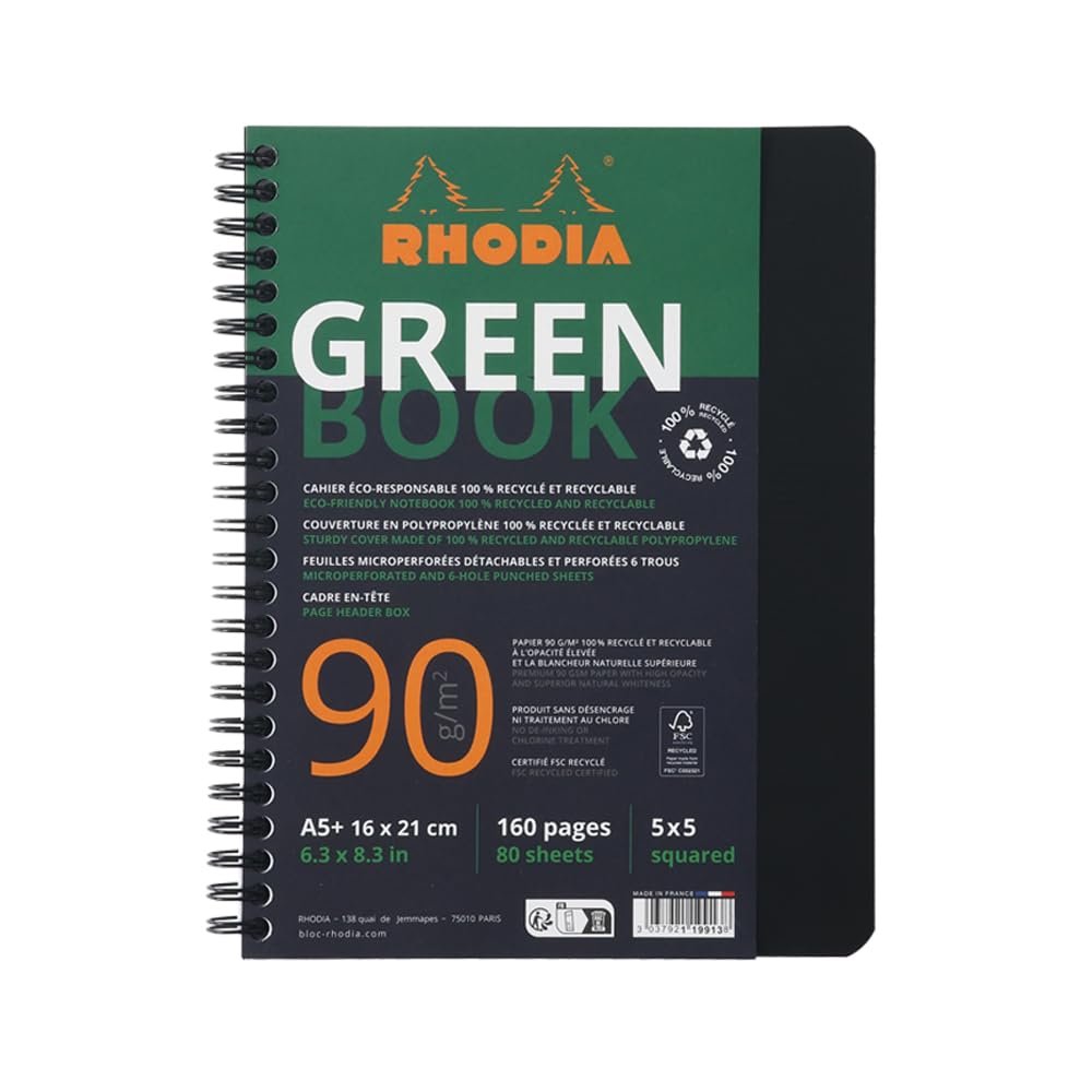 RHODIA 119913C - Greenbook notebook 100% Recycled A5+ 16 x 21 cm - Small squares -160 p Detachable Perf. 6 Holes - Recycled paper 90 g/m² FSC® - Black Polypro