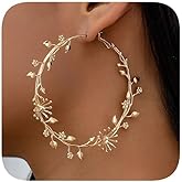 Tckyi Floral Hoop Earrings, Gold-Tone Leaf and Flower Design, Large Round Statement Hoops