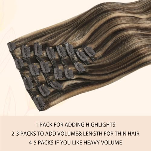 Sassina Clip in Hair Extensions Real Human Hair Chocolate Brown Highlighted Caramel Blonde Double Weft Clip ins for Women 16 Inch Human Hair Full Head 8 Pcs 120 Grams #P4-27