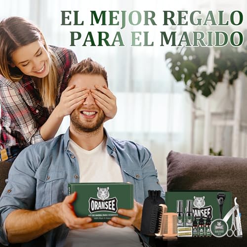 OranSee Kit Cuidado Barba 14 en 1 para Hombre, Incluye Aceite, Bálsamo, Champú, Rodillo Microagujas, 2 Cajas de Hojas, Maquinilla Plumas, Mejor Regalo Perfecto Originales para Hombre o Papa