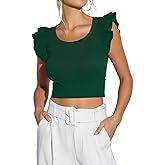 Ezbelle Women's Summer Crop Tank Tops Ruffle Shirts Ribbed Knit Clothes Sexy Sleeveless Tshirt Trendy Vacation Fit Blouse
