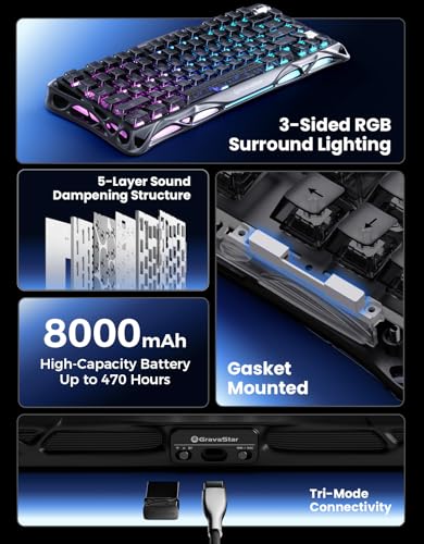 GravaStar Mercury K1 75% Wireless Gaming Keyboard, Aluminum Alloy Mechanical Keyboard with Knob, Hot Swappable, Linear Switches, Transparent Keycaps, RGB Backlit, 2.4GHz/BT5.0/USB【Stealth Black】