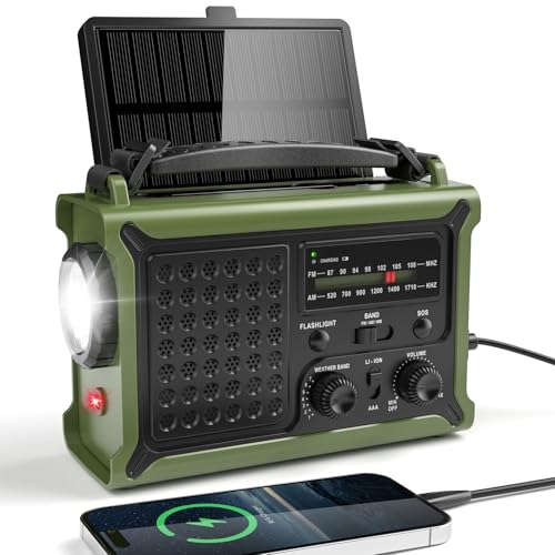 Solar Radio, AM/FM Crank Radio with 12000mAh Power Bank for Smart Phone Emergency Charging, 5 Charging Methods, Headphone Jack, SOS Alarm for Camping, Emergency