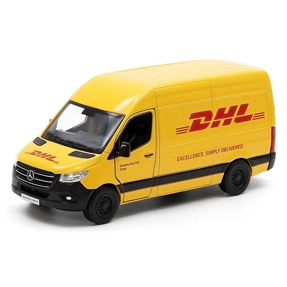 D.A.Y. Republic Official Licensed Mercedes Benz Sprinter Yellow Panel Van - 1:48 Scale, with Open and Close Doors, Metal Die Cast, Pull Back and Go, Action Toy Collectors Model (DHL Van)