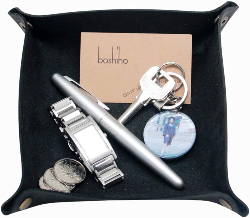 Boshiho Leather Valet Tray - Cowhide leather Catchall Coin Tray for Key Change Caddy, Bedside Tiny Tray Key Phone Jewelry Storage Container Box (Black)