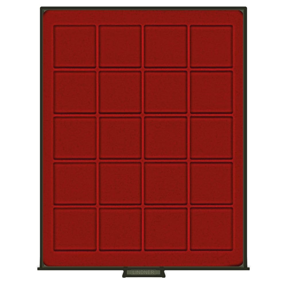 Lindner 2720 Coin box with 20 square indents for coins / capsules of Ø 47 mm-smoked glass / dark red insert