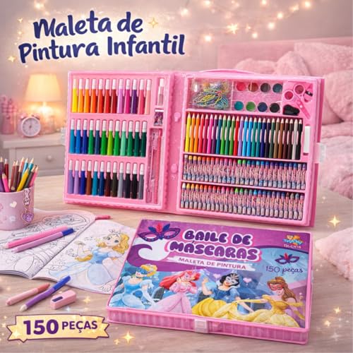Maleta de Pintura Infantil 150 Itens Baile das Máscaras Desenho Arte Material Escolar Presente para Crianças