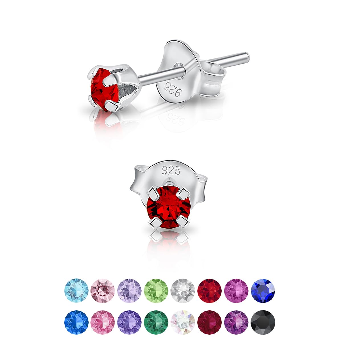 925 Sterling Silver Round Tiny Stud Earrings made with Glittering Crystals - Small Silver Studs Earrings for Woman - Diameter: 3 mm - Colour : Red Light Siam