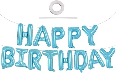 TONIFUL 16 Inch Happy Birthday Foil Letter Balloons Banner Light Blue