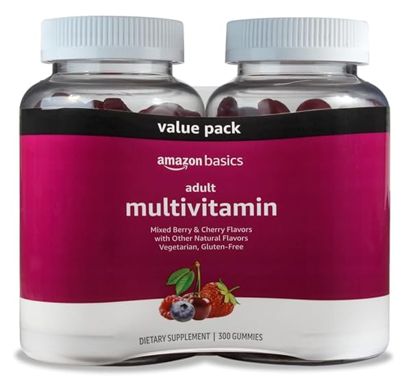 AMAZON BASICS ADULT MULTIVITAMIN FOR MEN & WOMEN, 300 GUMMIES WITH VITAMINS A, C, D, E, B-6 AND B-12, 150 COUNT (PACK OF 2) (150 DAY SUPPLY) (PREVIOUSLY SOLIMO)