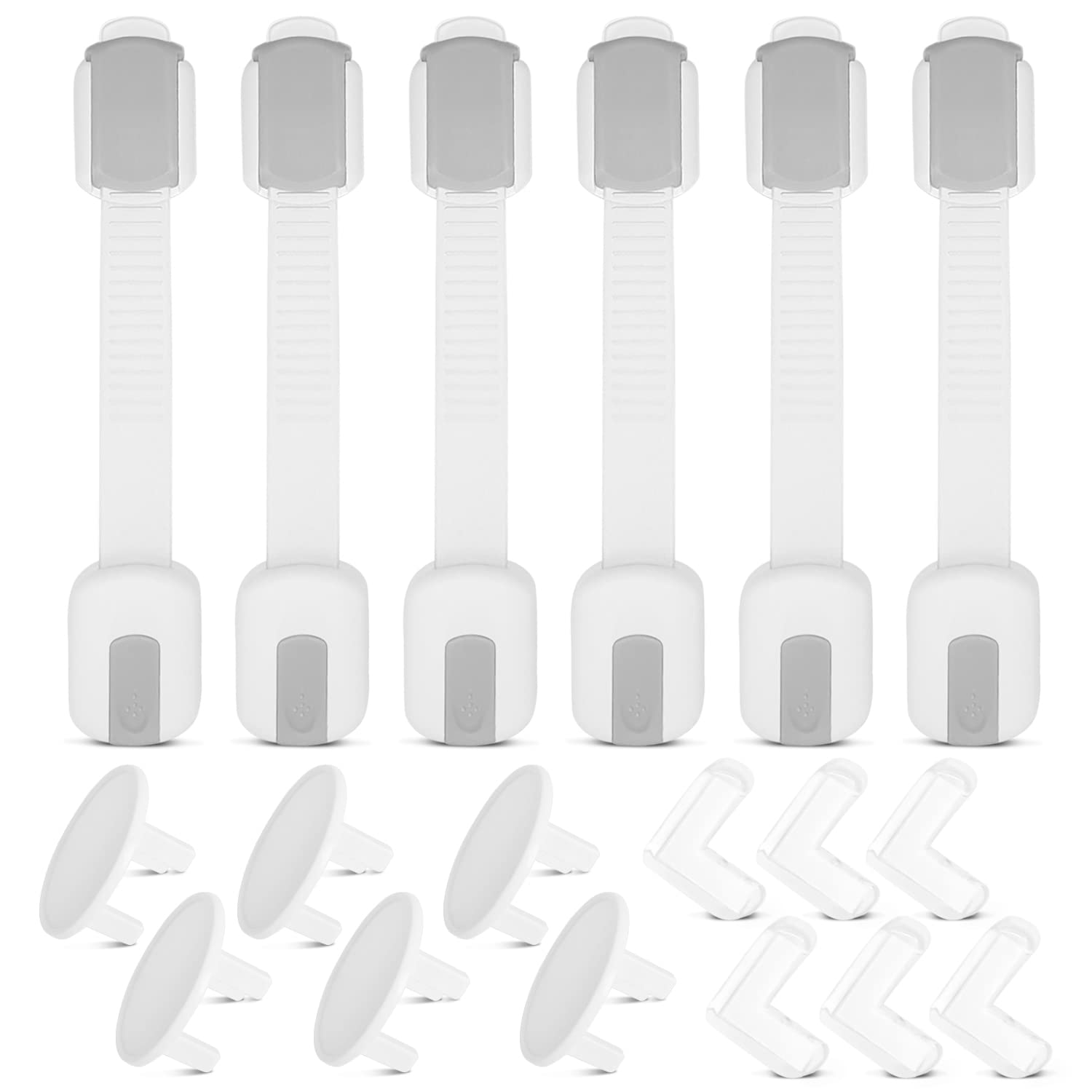Child Safety Locks, Baby Proofing, Pack of 20, 6X Kitchen Cupboards, Fridge Door Safety Locks, 8X Corner Guards, 6X Sockets Covers No Tools Or Drills Required. Very Easy to Install.