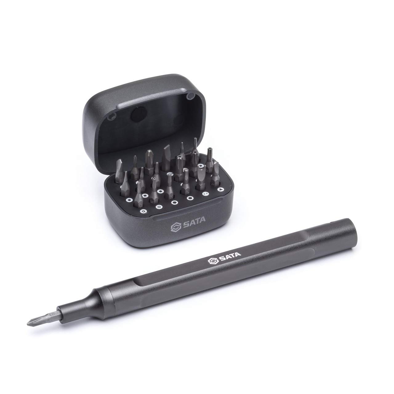 SATA 6-Piece Stubby Ratcheting Screwdriver Set with Three Ratcheting Settings and a Green and Yellow Storage Handle - ST09348