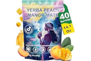 YIZVYOTVJ 40 Servings (14.1oz) Yerba Mate Instant Tea Powder, 3-in-1 Peach Mango Flavored Low Sugar Super Drink to Support Energy & Focus with Prebiotics and Probiotics