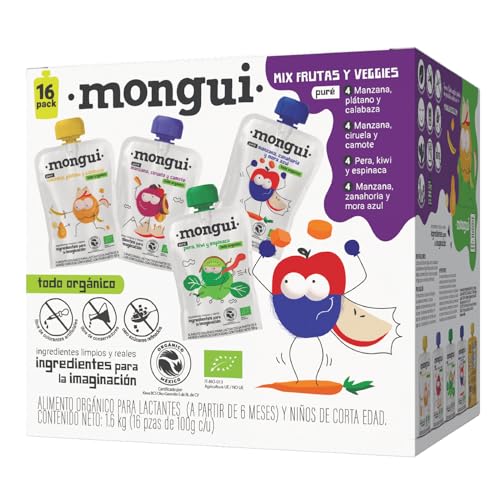 Snack orgánico para peques | Pack 16 pouches Mix Vegetales 4 Recetas – Kiwi, Espinaca, Butternut, Ciruela, Camote, Zanahoria, Mora Azul | Empresa B | MONGUI