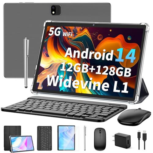 Android 14 Tablet with Keyboard, 12GB RAM (6+6), 128GB Storage, 1TB Expandable, 8000mAh Battery, 10 Inch 2-in-1 Tablets, Includes Case, Mouse & Stylus（Black Case）