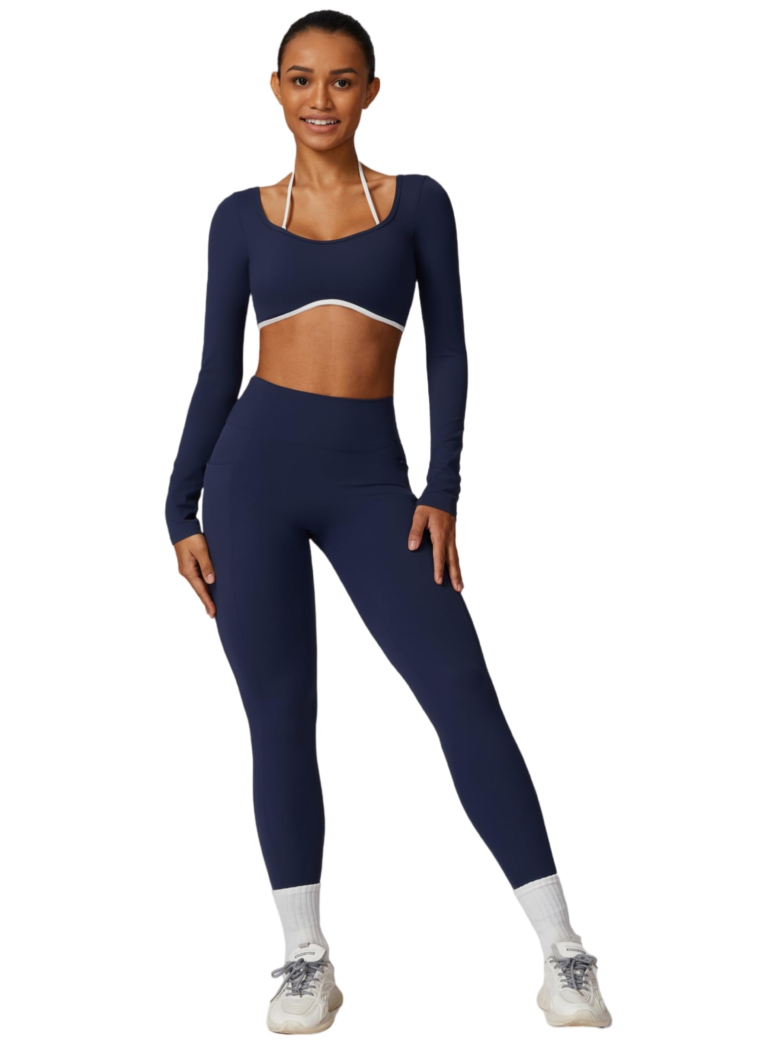 Photo 1 of ABOCIW Workout Sets for Women Long Sleeve Crop Top Halter Open Back Yoga Shirts Scrunch Butt High Waist Leggings with Pockets 2 Piece Gym Sets Pilates Outfits Navy Blue Large