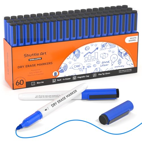 Shuttle Art Blue Dry Erase Markers, 60 Pack Magnetic Whiteboard Markers with Erase,Fine Point Dry Erase Markers Perfect For Writing on Whiteboards, Dry-Erase Boards,Mirrors for School Office Home