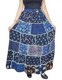 Women's Maxi Skirt Blue Printed Patchwork Hippie Chic Long Skirts SM