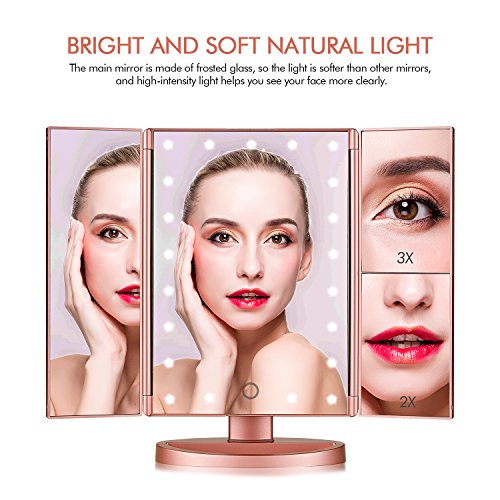 Flymiro Trifold Lighted Vanity Makeup Mirror with 3x/2x Magnification