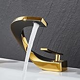 SOKNARKU Modern Bathroom Sink Basin Faucet Brass Single Hole Single Handle Deck Mount Cold and Hot Mixed Creative Design Tap Including Two US Standard 3/8 Hoses Black Gold Style B